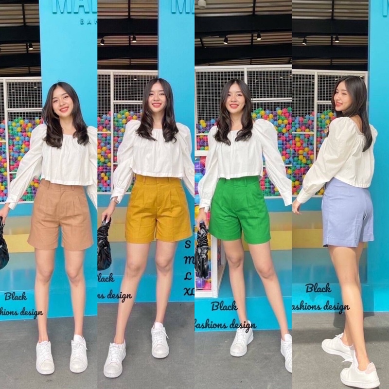 กางเกงขาสั้นเอวสูงผ้าลินินตะขอหน้ามีกระเป๋าใส่เที่ยวใส่ลำลองS-5XL