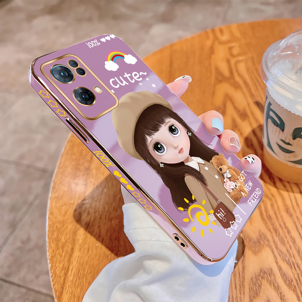 (เชือกเส้นเล็กฟรี) สำหรับ OPPO Reno7 4G Reno7 Z Reno 7 Pro 5G การ์ตูนน่ารักสาวสวยปลอก Square EDGE รูปแบบคลุมทั้งหมดหรูหราชุบ TPU เคสนิ่ม