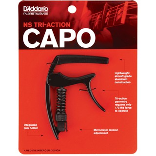 DAddario® PW-CP-09 NS Tri-Action Capo คาโป้ ปรับความหนืดของสปริงได้ พร้อมที่เสียบปิ๊ก ทำจากอะลูมิเนียมเกรดทำเครื่องบิน