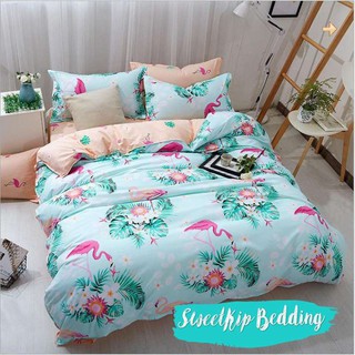 Sweet Kip Bedding ผ้าปูที่นอนขนาด 3.5ฟุต, 5ฟุต, 6ฟุต พร้อมผ้านวมขนาด 180 x 220 เซ็นติเมตร รวม 6 ชิ้น ลายฟลามิงโก้สีเขียว