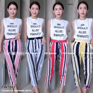 PE7881 Set 2 ชิ้น เสื้อกล้ามผ้าคอตตอนสกรีนตัวหนังสือ มาพร้อมกางเกงขายาวรอบเอวยืด