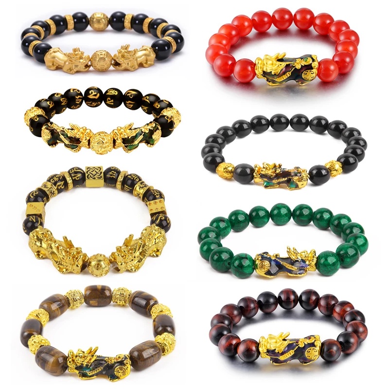 A+ Pixiu สร้อยข้อมือหินธรรมชาติ / ฮวงจุ้ยจีน Pi Xiu สร้อยข้อมือ / ลูกปัดสีแดง ทอง ความมั่งคั่ง โชคดี ผู้หญิง ผู้ชาย สร้อยข้อมือ