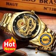 Longbo ลองโบวอช นาฬิกาข้อมือชาย สายสแตนเลสสีทอง ตัวเรือนสีทองดำลายมังกรทอง รับทรัพย์นำโชคกันน้ำ 100% พร้อมกล่องแบรนด์
