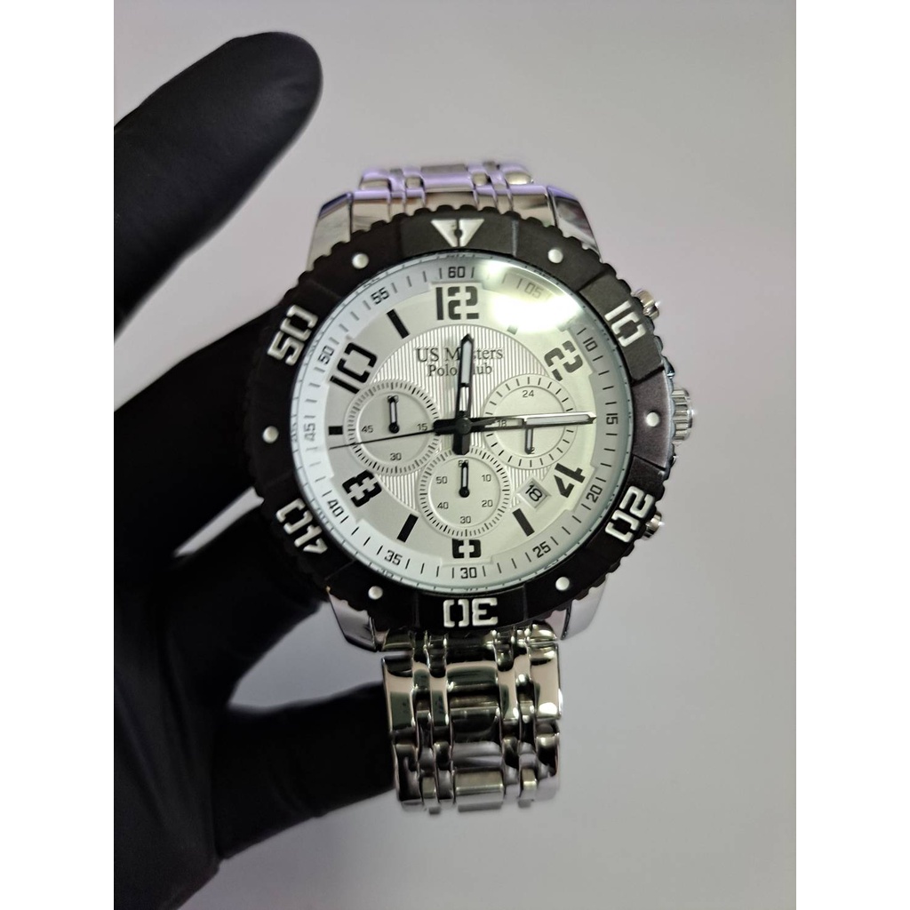 นาฬิกามือสอง สภาพ 90% US Master Polo Club รุ่น AS11.240-WE ของแท้ 100% ขอบดำ หน้าปัดขาว 46 mm Chronograph
