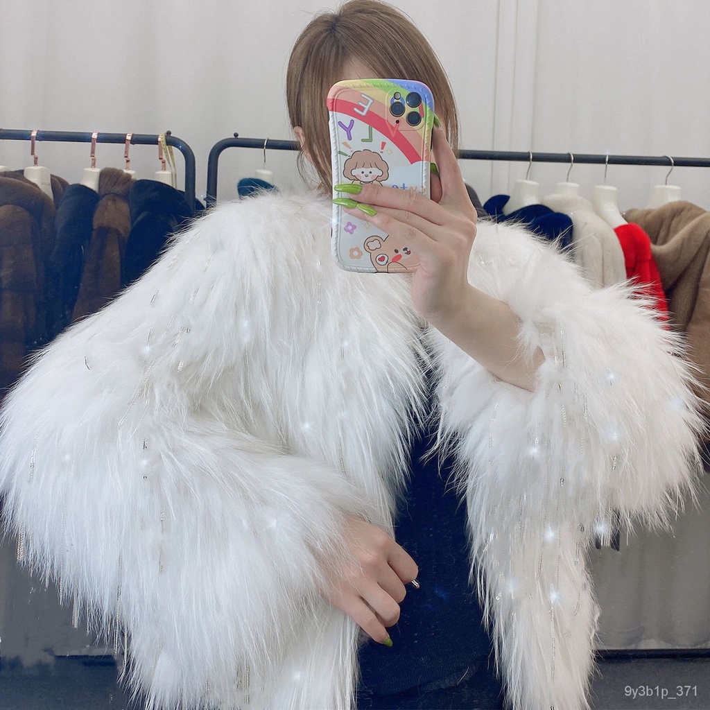 Tassel Fur Coat for Women2021New Sequined Silk Slimming Imitation Raccoon Fox Fur Short Young Slimming All-Matching