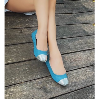 รองเท้าหนังแกะ ICONIQ รุ่น Leah Flat Bi-Color Comfy Ballerina in Queen Blue/Silver