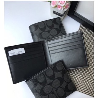 พร้อมส่ง แท้ 🇺🇸💯% New Coach กระเป๋าสตางค์ ผู้ชาย รุ่น DOUBLE BILLFOLD WALLET IN SIGNATURE COACH F75083 CHARCOAL/ BLACK