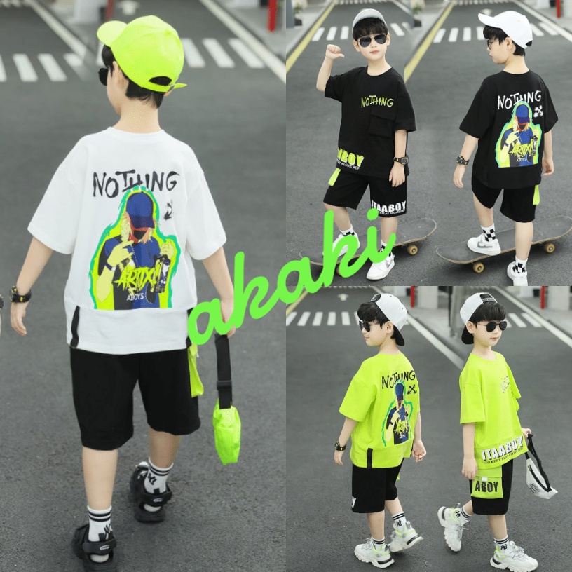 AKaKi💖พร้อมส่ง💖ชุดเด็ก เสื้อผ้าเด็ก ชุดเด็กผู้ชาย ชุดฤดูร้อน ชุดกีฬา สไตล์เกาหลี หล่อ แฟชั่น แขนสั้น ชุดสองชิ้น