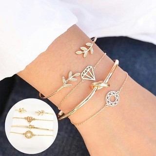 ‴ 4Pcs Leaf Knot Love สร้อยข้อมือเปิดประดิษฐ์แคคตัสสร้อยข้อมือสตรี Vintage เครื่องประดับกำไลข้อมือ