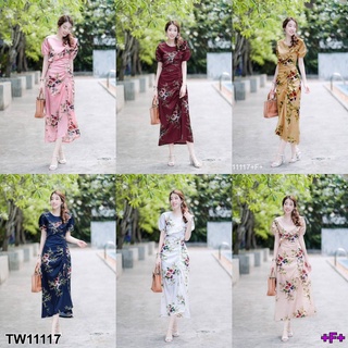 SK11117 Maxi Dress เดรสยาวลายดอกกุหลาบ ดีเทลแต่งผ้าระบายด้านหน้า มีโบว์ผูกรูดๆ ที่กระโปรงด้านหน้า  ใส่ได้ 2 แบบ