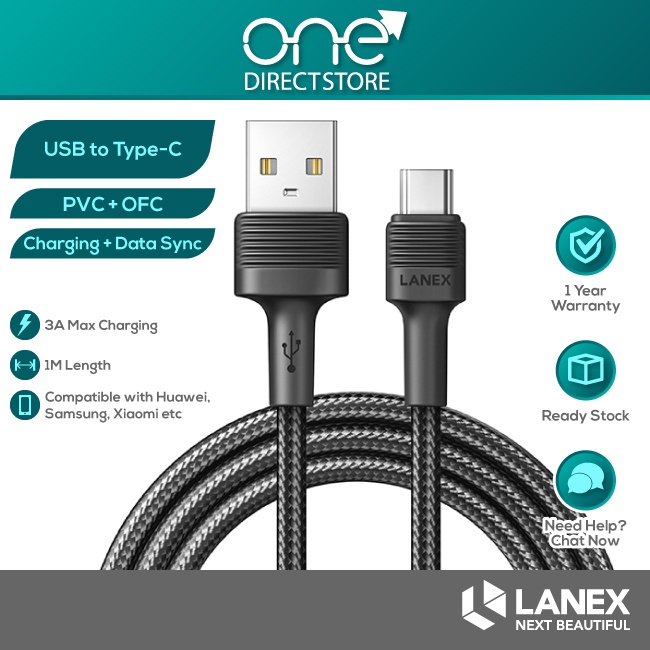 Lanex 3A สายเคเบิลข้อมูล USB to Type-C 1M - LTC N16C