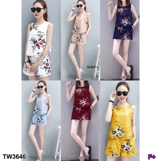 👗Pfashion [ส่งไว!!🚛] P3646 เสื้อแขนกุดพิมพ์ลายดอกไม้+กางเกงขาสั้นFloral print sleeveless top + shorts