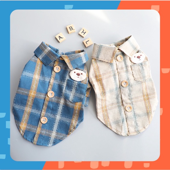 [  พร้อมส่ง] ชุดสัตว์เลี้ยง Bear Head Plaid Shirt ชุดหมา สุนัข ชุดแมวน่ารัก