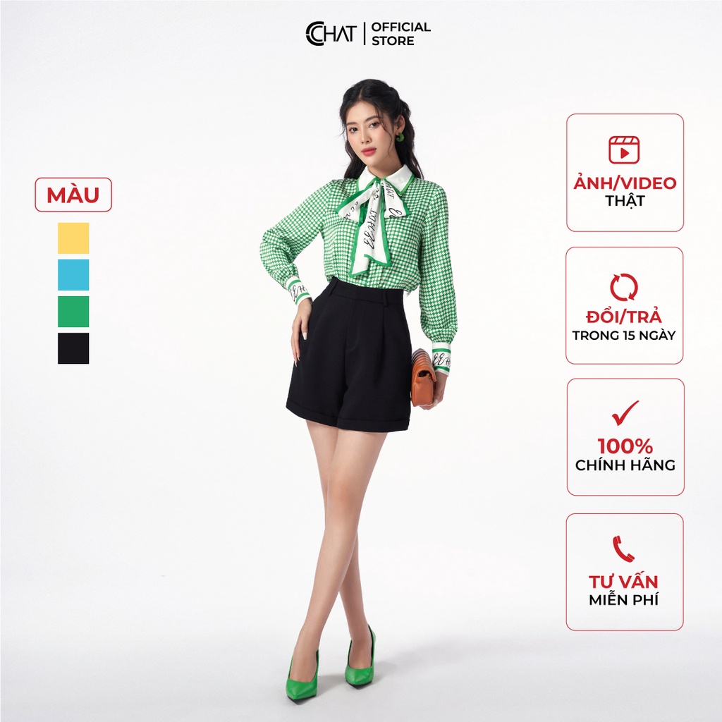 เสื้อเชิ้ตผู้หญิง CCHAT ลายคอปกโบว์ผ้าไหมอ่อนเยาว์สไตล์หรูหรา 12FDL8004ST