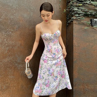 W[]-Women Sling Dress, Spaghetti Straps Low-cut Flower Print Summer Midi Dress for Party Vacation