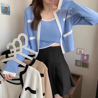 เสื้อไหมพรม 2ชิ้น เสื้อคลุมแขนยาว+เสื้อกล้าม เสื้อครอป สีพื้น สไตส์เกาหลี