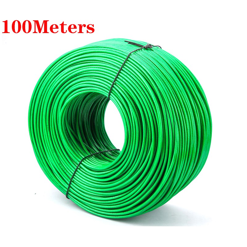 สายเคเบิลเหล็กเคลือบ PVC ยาว 100 เมตร 2 มม. ยืดหยุ่น สําหรับราวตากผ้า เรือนกระจก องุ่น