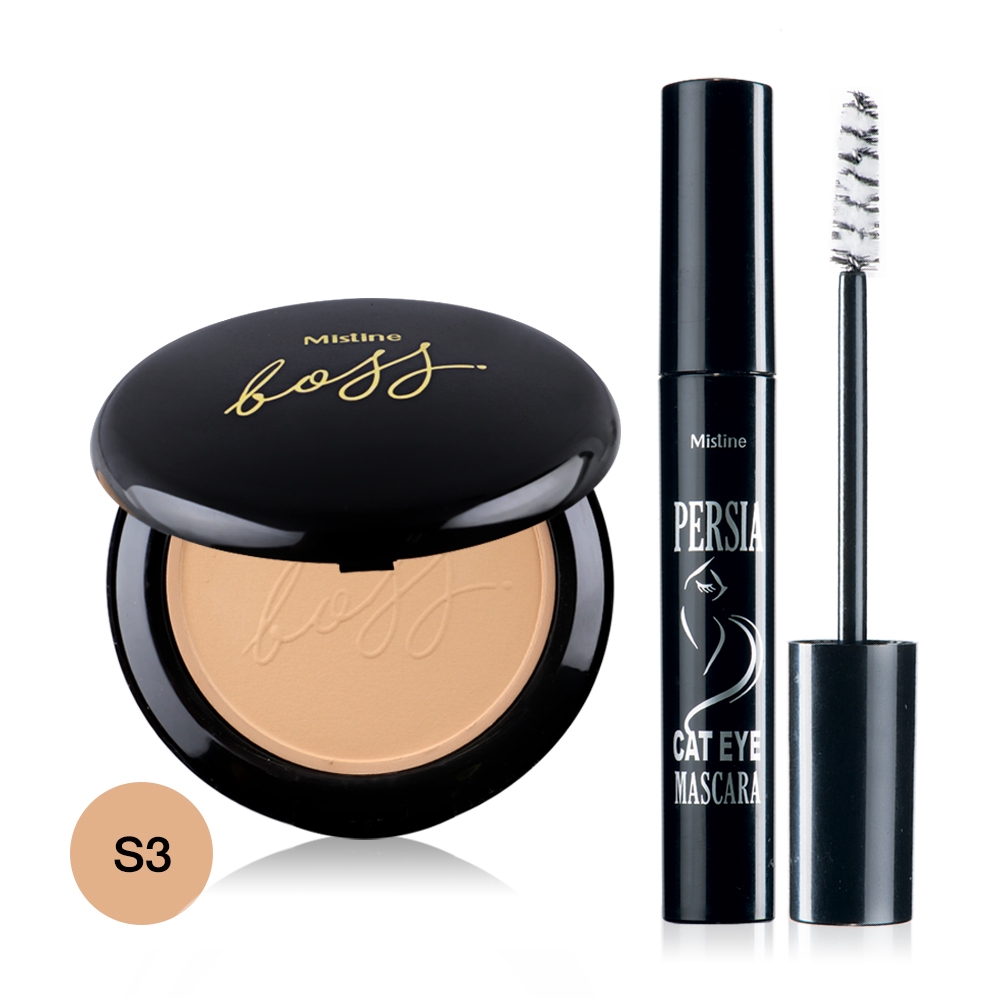 Mistine Set 2 Items Boss Microsilk Super Powder SPF25/PA++ 10g #S3 + Persia Cat Eye Mascara 7g.