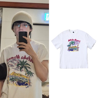 KPOP BTS V Tae Hyung ins เดียวกันผ้าฝ้ายเสื้อยืดสไตล์เกาหลีหลวมนักเรียนรอบคอพิมพ์เสื้อแขนสั้นฤดูร้อนผู้ชายและผู้หญิงแฟชั