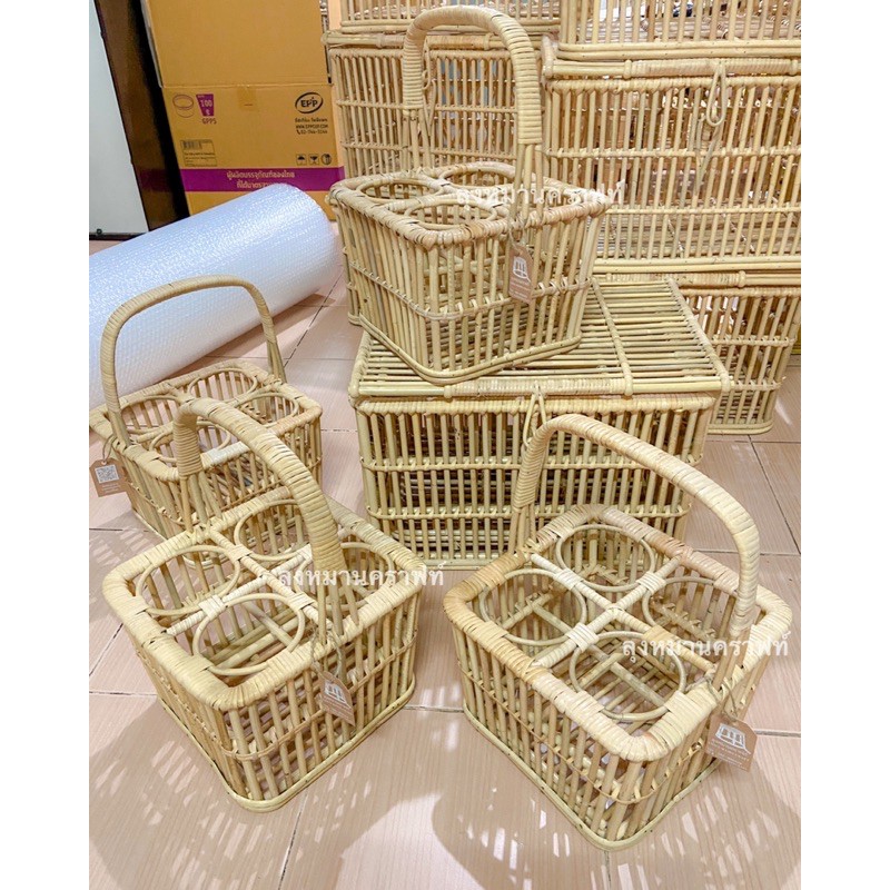 [พร้อมส่ง] ตะกร้าหวาย4ช่อง ตะกร้าหวาย ตะกร้าขวดไวน์ หวาย