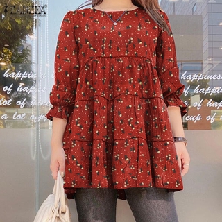 Zanzea เสื้อลําลองสําหรับสตรีผ้าฝ้ายแขนยาวคอก ลมลายดอกไม้ Patchwork วินเทจ