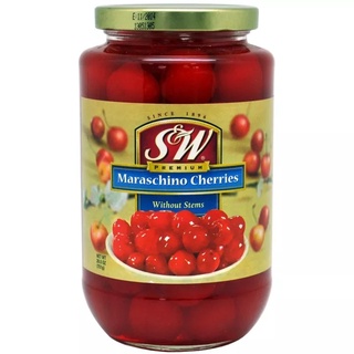 เอสแอนด์ดับบลิว เชอร์รี่ในน้ำเชื่อม แบบมีก้าน S&amp;W Maraschino Cherry 751g. เต็มลูกพร้อมก้าน เนื้อแน่นสีแดงสวยสด รสหอมหวาน