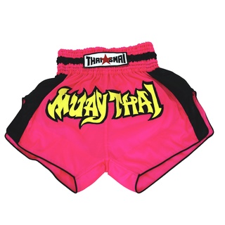 THAISMAI BS1129 กางเกงมวยไทย ผ้าร่ม-บานเย็น ขอบแถบดำ ปักมวยไทย THAI BOXING SHORTS PINK NYLON BLACK STRIP MUAYTHAI