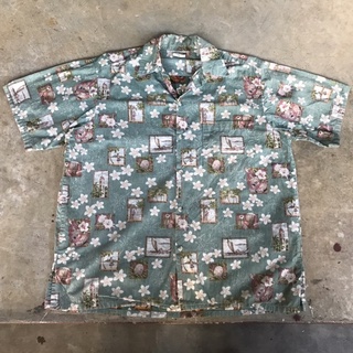 เสื้อฮาวาย vtg.Hawaiian Shirt GO BAREFOOT MADE IN USA Sz.L 100% COTTON