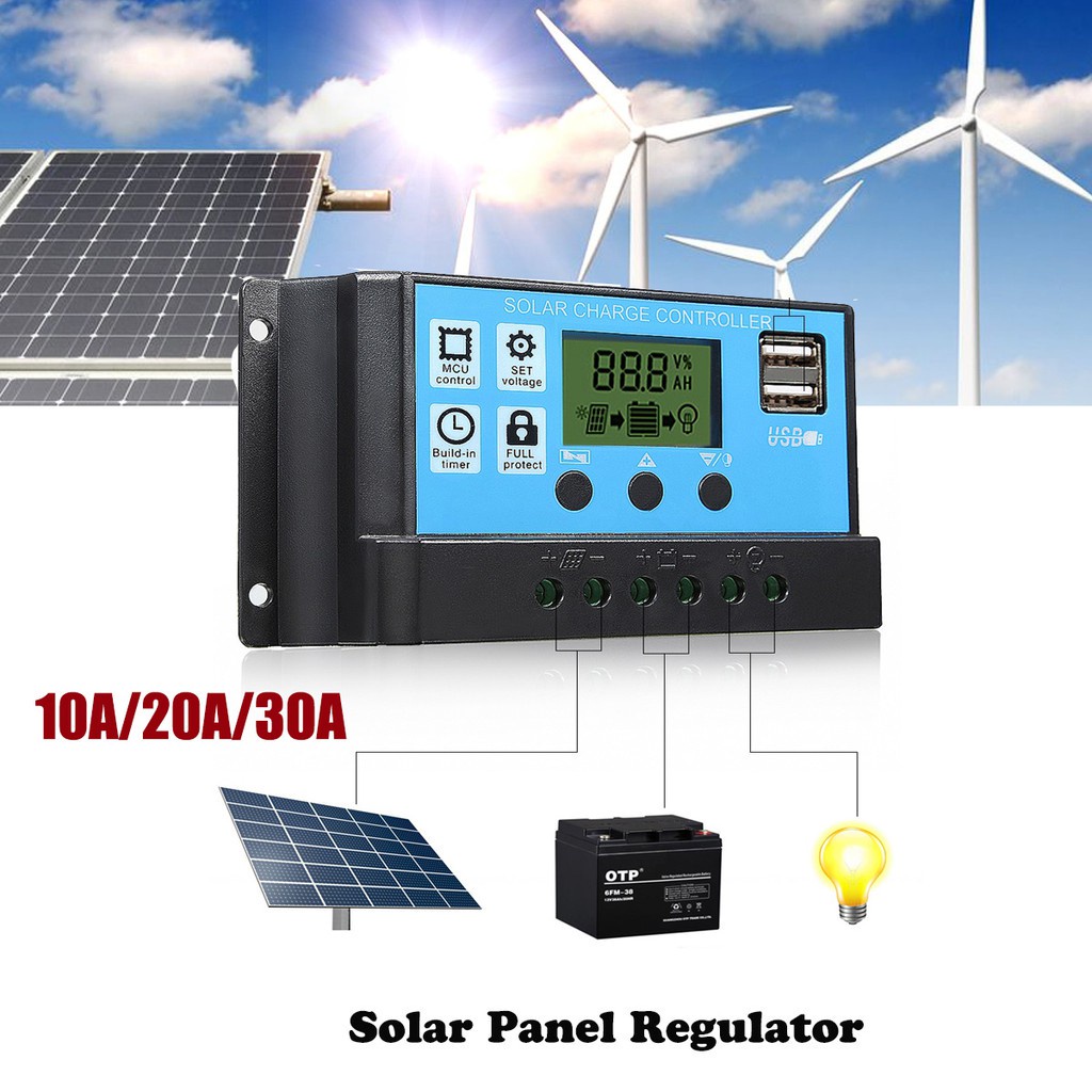 เครื่องควบคุมแผงโซล่าเซลล์ 10A 12V/24V LCD Display PWM Solar Panel Regulator Charge 2 usb OCM