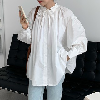 พร้อมส่ง 💜retro white shirt C1318 เชิ้ตคอกระเช้า เชิ้ตแขนยาวมินิมอล