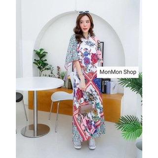 MM6047👗Floral Printed  Maxi Dress แม็กซี่เดรสพิมพ์ลายดอกไม้แขนสามเหลี่ยม ทรงปล่อยใส่สบายมากๆนะคะ งานสวยเนื้อผ้าดี