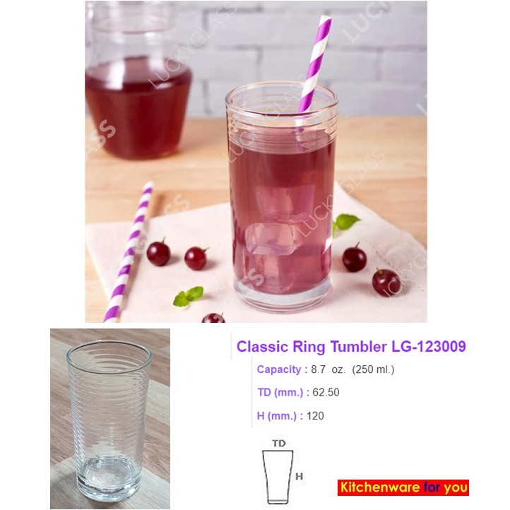 LUCKY GLASS แก้วใส แก้วน้ำใส ทรงกระบอก ผิววงแหวน ขนาด 8.7 oz./ 250 ml ** Classic Ring Tumbler **