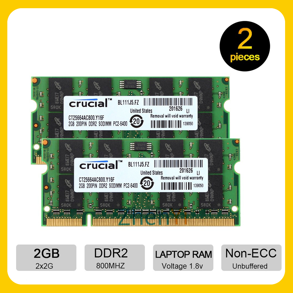 ใหม่ หน่วยความจําแล็ปท็อป สําหรับ Crucial 4GB 2x 2GB 2RX8 PC2-6400S DDR2 800Mhz SODIMM RAM