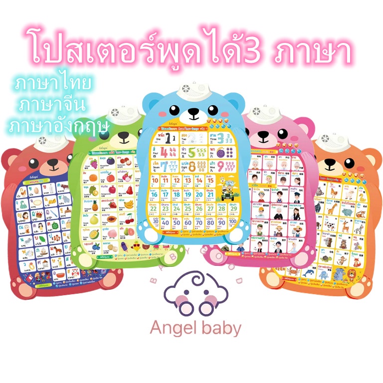 โปสเตอร์พูดได้3 ภาษา เสริมพัฒนาการของเด็ก เสริมทักษะการเรียนรู้ สื่อการสอนเด็ก โปสเตอร์สอนคำศัพท์เด็ก