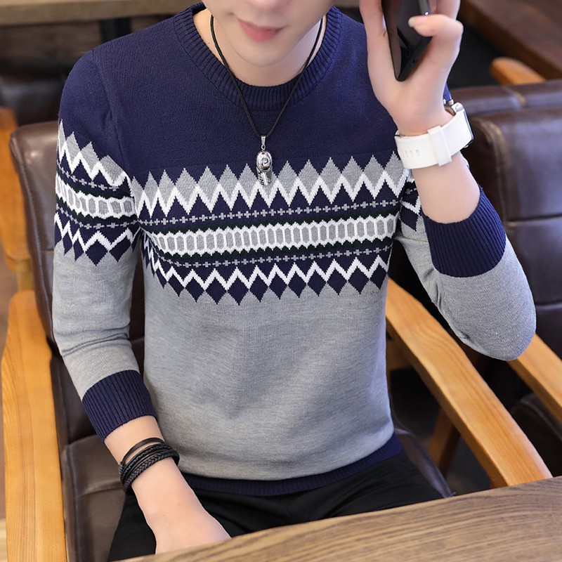 เสื้อไหมพรมผู้ชายสไตล์เกาหลี คอกลม แขนยาว วอร์มถัก 4 สี