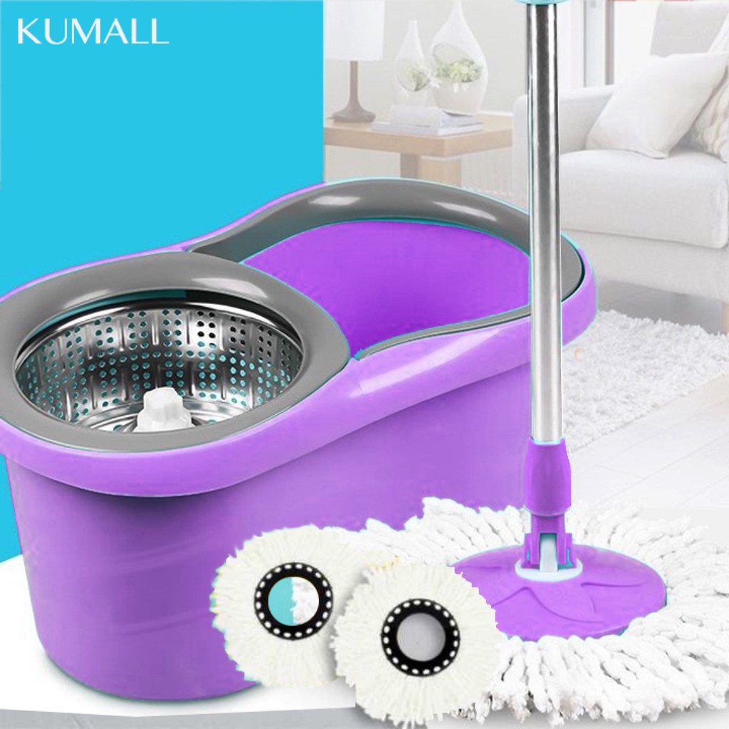 Kumall ไม้ถูพื้น Spin Mop รุ่นA2ชุดถังปั่น พร้อมถังปั่นสแตนเลส และ ผ้าม๊อบไมโครไฟเบอร์ 2 ผืน ถังรีดน้ำสแตนเลส #7