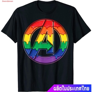 เสื้อยืดผู้ชายและผู้หญิง Marvel Avengers Rainbow Drip Logo T-Shirt Mens Womens T-shirts+hn