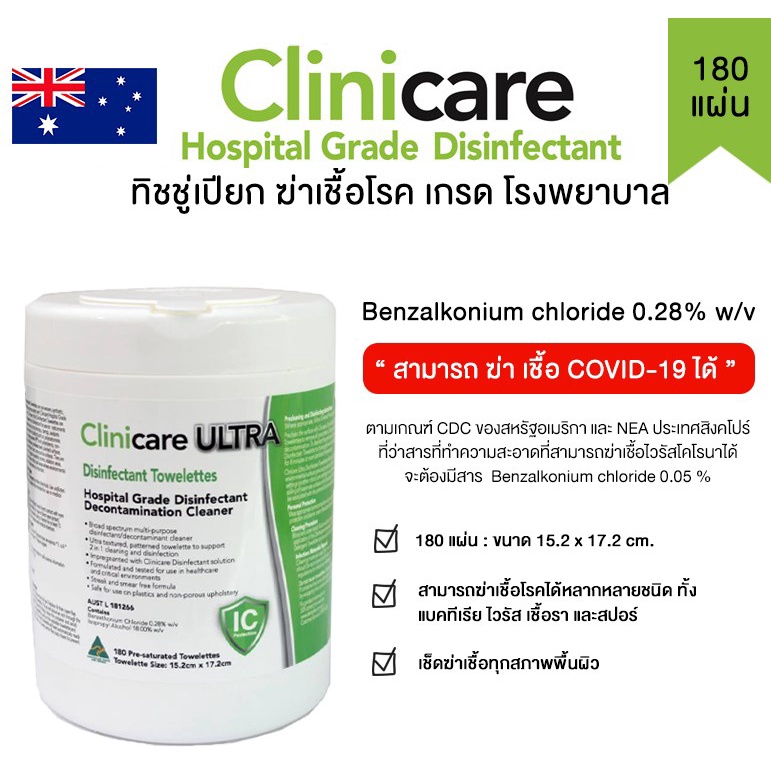 กระดาษ ทิชชู เปียก Clinicare ultra towelettes Wipes 180 แผ่น ต่อ 1 กระปุก