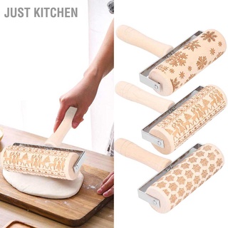 Just Kitchen Christmas Rolling Pin Wooden Engraved Embossing Dough Stick Baking Tool