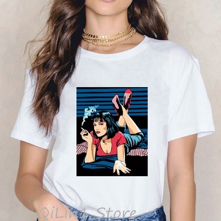 เสื้อเด็กหญิง - เยื่อกระดาษนิยายภาพยนตร์ Mia Wallace เสื้อผู้หญิงฤดูร้อนเควนติน Tarantino Ulzzang เ