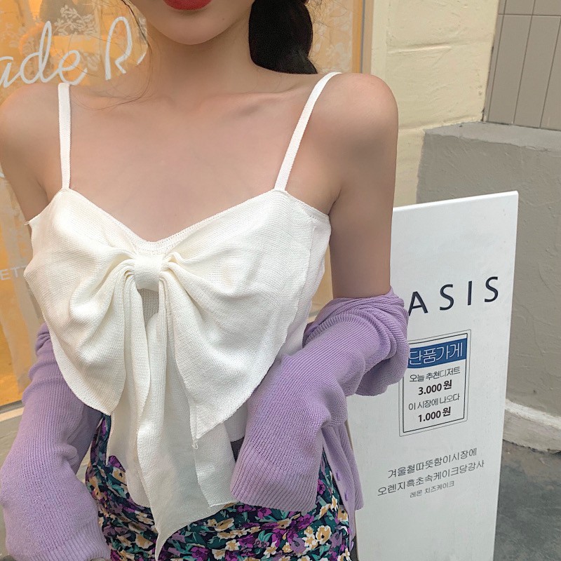 สายเดี่ยวไหมพรมเอวลอยครึ่งตัว ​ สีสดเนื้อผ้าเนียน แต่งจีบโบว์ใหญ่ - รูปที่ 6