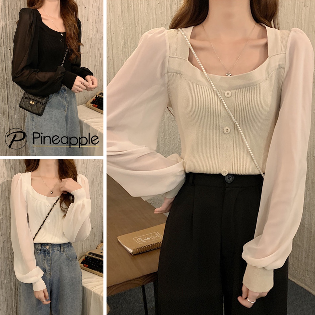 #9986 เสื้อไหมพรม เสื้อแขนยาวถัก คอสี่เหลี่ยมสไตล์ฝรั่งเศส เย็บแขนผ้าชีฟอง Square neck stitching chiffon sleeve sweater