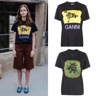 Ganni ใหม่ เสื้อยืด คอกลม แขนสั้น พิมพ์ลายดอกไม้ ใบไม้ หน้ายิ้ม ใหม่