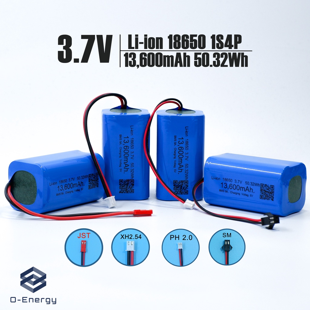ถ่านชาร์จ Li-ion 18650 3.7V ความจุ 13,600mAh แบบแพคมีวงจรป้องกันภายใน ฺBMS 1S4P 9A ทรงสี่เหลี่ยม