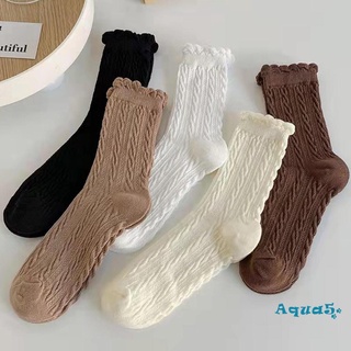 Aqq-ถุงเท้าผ้าฝ้ายลูกไม้สีน้ําตาลพื้นแข็งสําหรับผู้หญิง