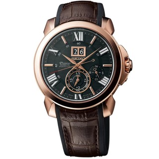 SEIKO Premier Kinetic Perpetual Calendar สีRosegold/สีน้ำตาลเข้ม สายซิลิโคนบุหนังแท้ รุ่น SNP146P1