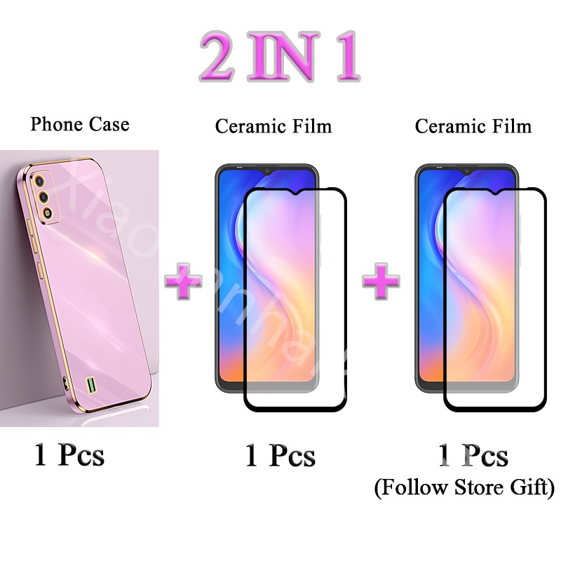 2 IN 1 Tecno Spark 6 Go Gold Edge เคสโทรศัพท์ชุบพร้อมฟิล์มนิรภัยโค้งสองชิ้น