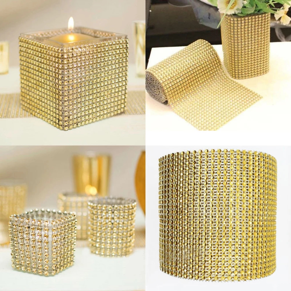 12 ซม.* 91.5 ซม.แถวทองเงินแฟชั่นตาข่ายห่อม้วน Sparkle Rhinestone คริสตัลริบบิ้นงานแต่งงานตกแต่งตกแต่ง