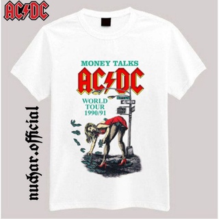 เสื้อยืดคอกลมเสื้อยืด สีขาว BAND ACDC WORLD TOUR 1990S-4XL