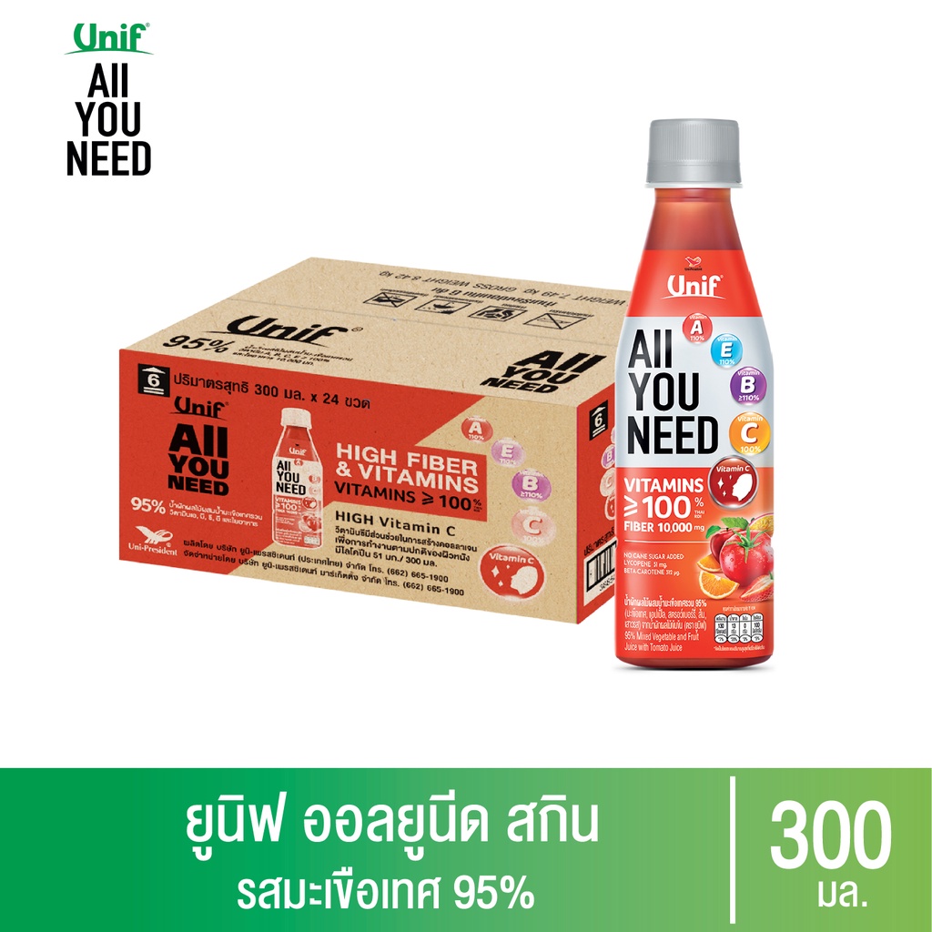 [ยกลัง 24 ขวด] Unif All You Need ยูนิฟออลยูนีดน้ำผักผลไม้ผสมน้ำมะเขือเทศรวม 300มล.
